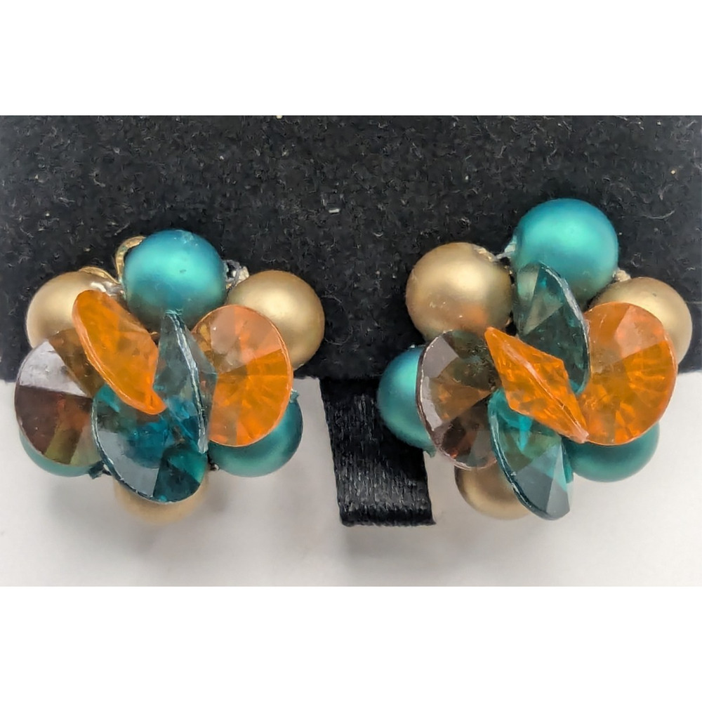 Vintage Plastic Bead Cluster Clip On Earrings Teal Orange Mid Century READ